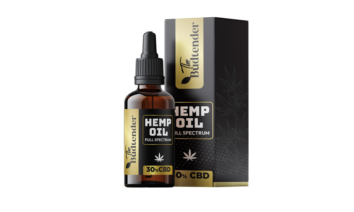30% full spectrum hemp oil bottle on warm white